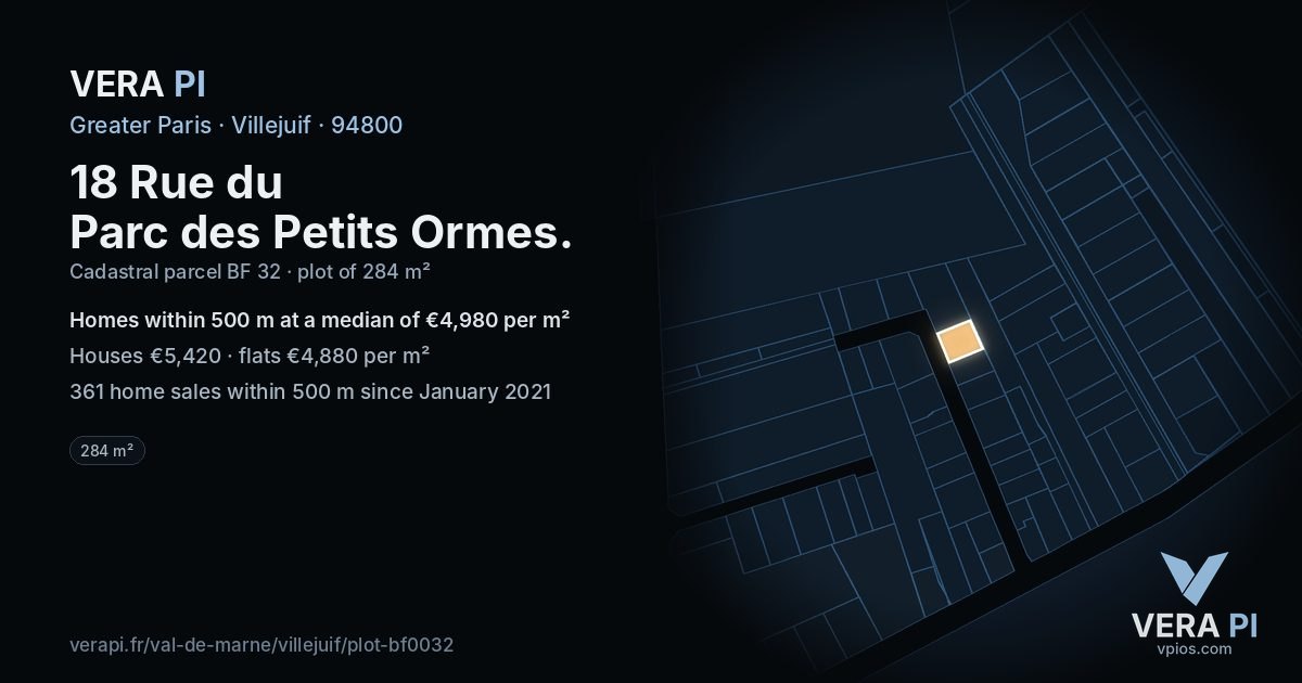 18 Rue du Parc des Petits Ormes, Villejuif at night – the plot lit, the parcels around coloured by the prices near them