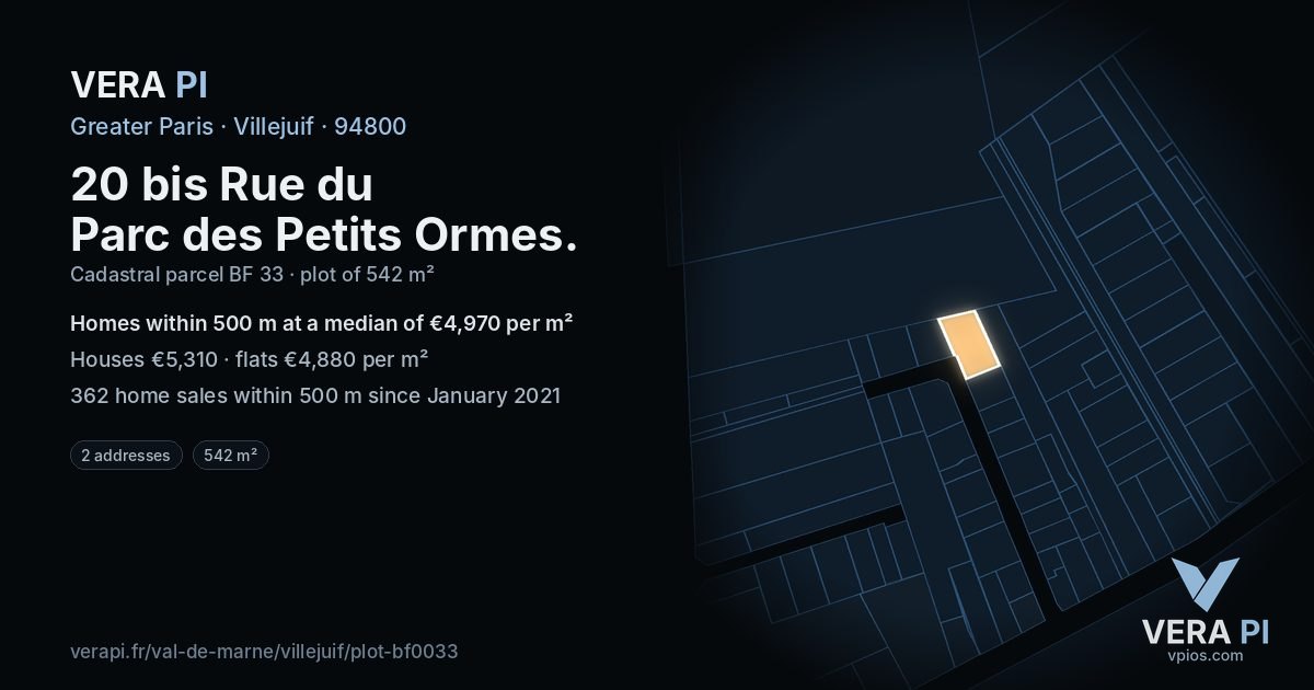 20 bis Rue du Parc des Petits Ormes, Villejuif at night – the plot lit, the parcels around coloured by the prices near them