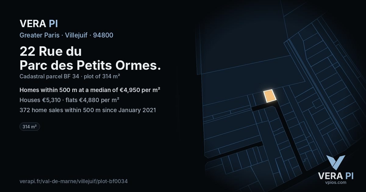 22 Rue du Parc des Petits Ormes, Villejuif at night – the plot lit, the parcels around coloured by the prices near them