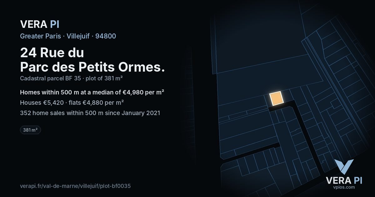 24 Rue du Parc des Petits Ormes, Villejuif at night – the plot lit, the parcels around coloured by the prices near them