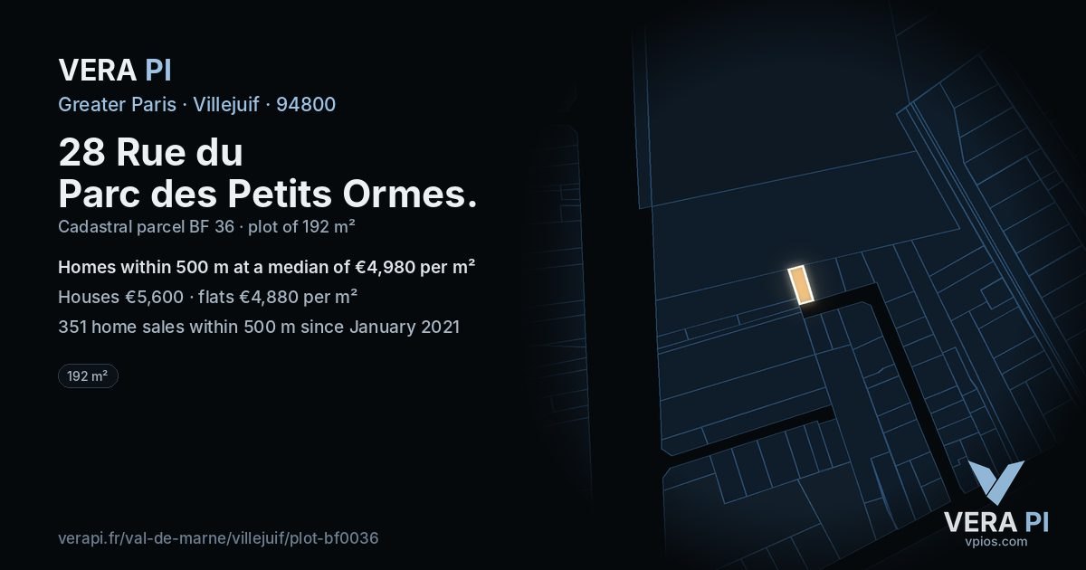 28 Rue du Parc des Petits Ormes, Villejuif at night – the plot lit, the parcels around coloured by the prices near them