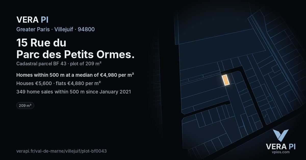 15 Rue du Parc des Petits Ormes, Villejuif at night – the plot lit, the parcels around coloured by the prices near them