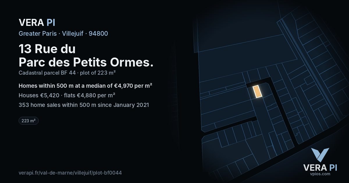 13 Rue du Parc des Petits Ormes, Villejuif at night – the plot lit, the parcels around coloured by the prices near them