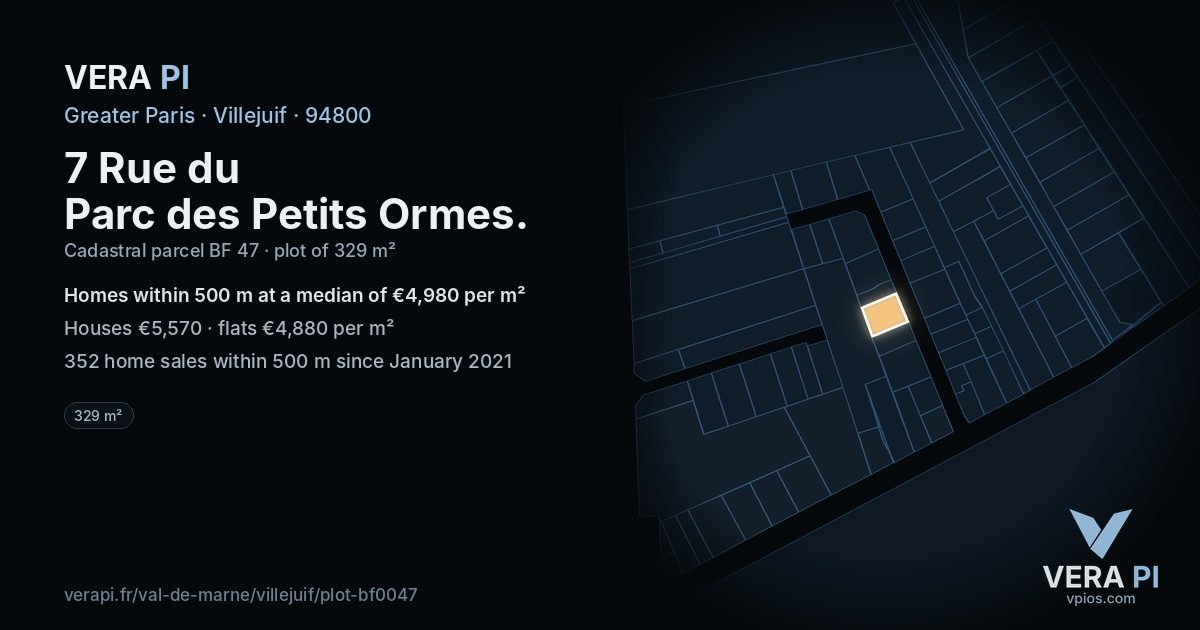 7 Rue du Parc des Petits Ormes, Villejuif at night – the plot lit, the parcels around coloured by the prices near them