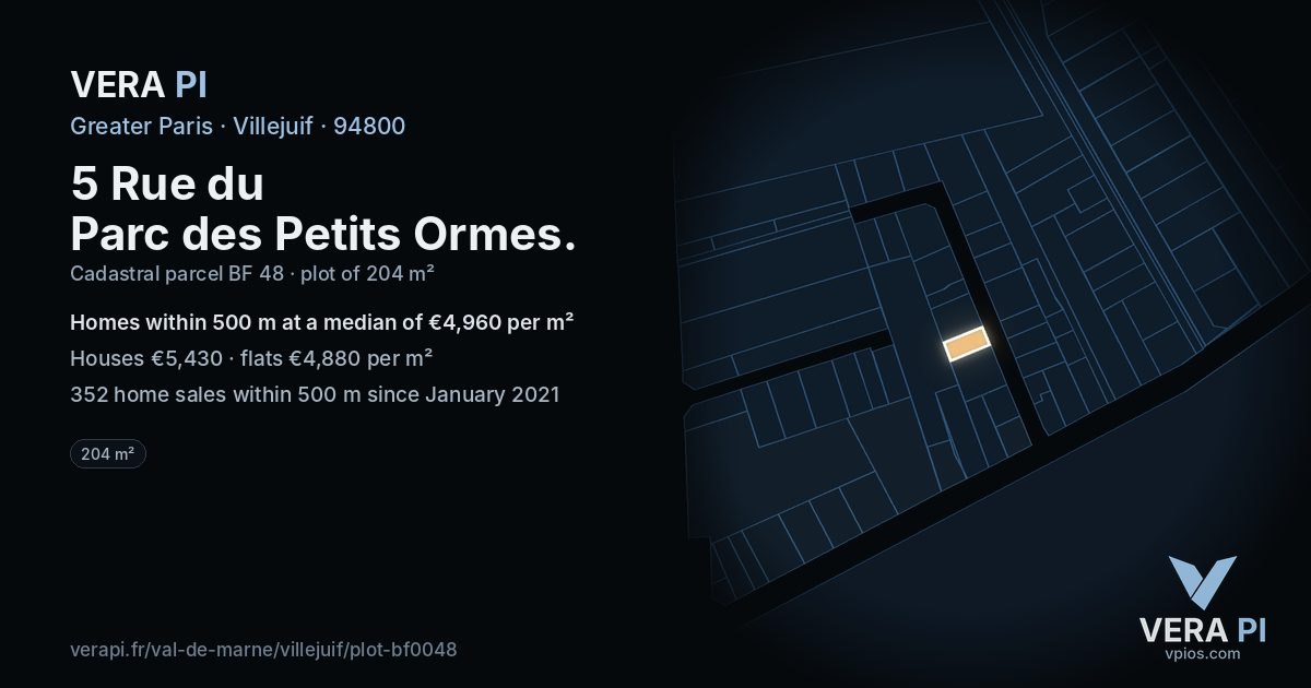 5 Rue du Parc des Petits Ormes, Villejuif at night – the plot lit, the parcels around coloured by the prices near them