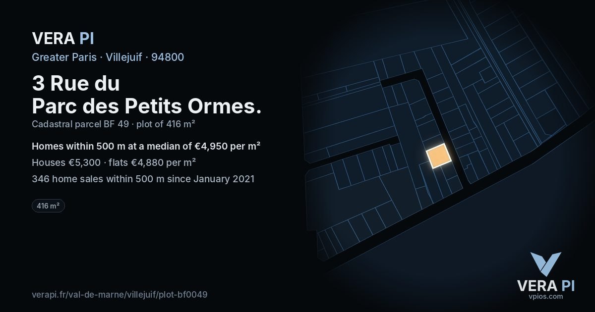 3 Rue du Parc des Petits Ormes, Villejuif at night – the plot lit, the parcels around coloured by the prices near them