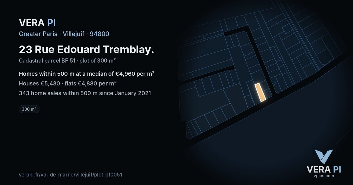 23 Rue Edouard Tremblay, Villejuif at night – the plot lit, the parcels around coloured by the prices near them