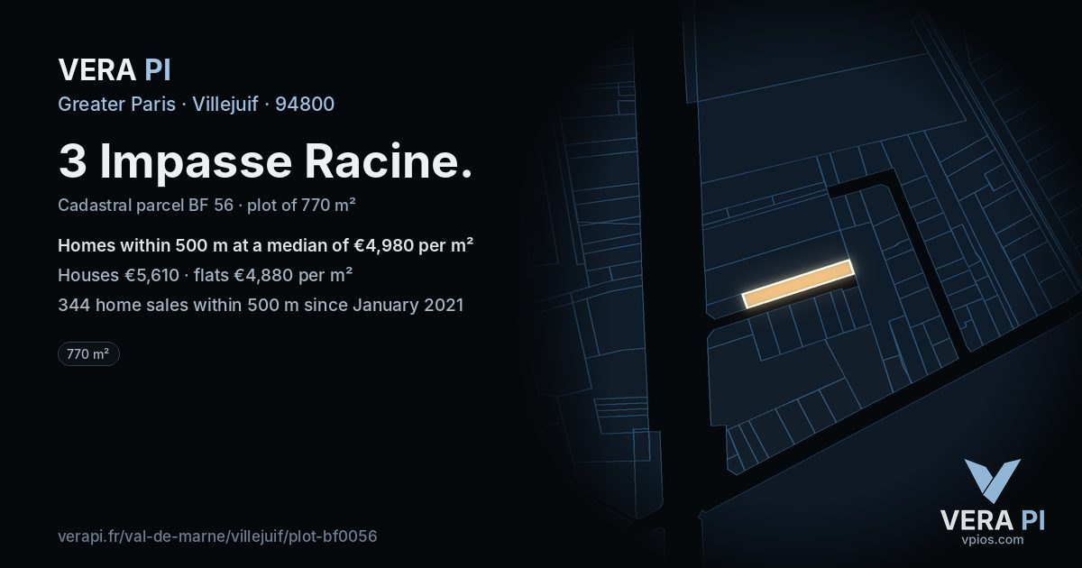 3 Impasse Racine, Villejuif at night – the plot lit, the parcels around coloured by the prices near them