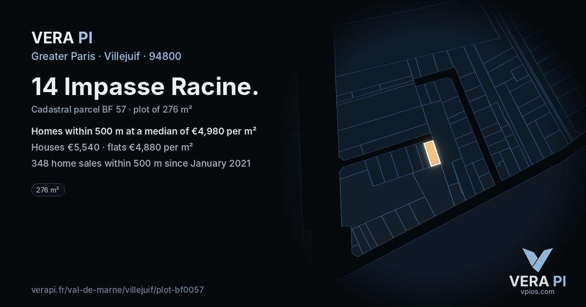 14 Impasse Racine, Villejuif at night – the plot lit, the parcels around coloured by the prices near them