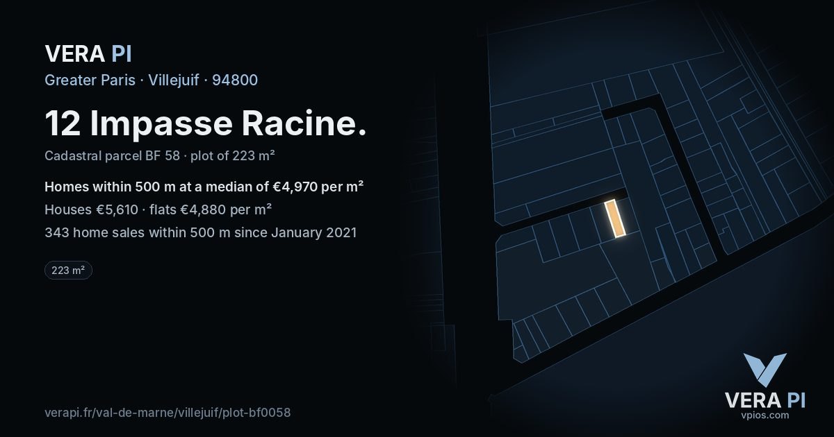 12 Impasse Racine, Villejuif at night – the plot lit, the parcels around coloured by the prices near them