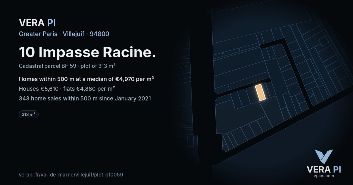 10 Impasse Racine, Villejuif at night – the plot lit, the parcels around coloured by the prices near them