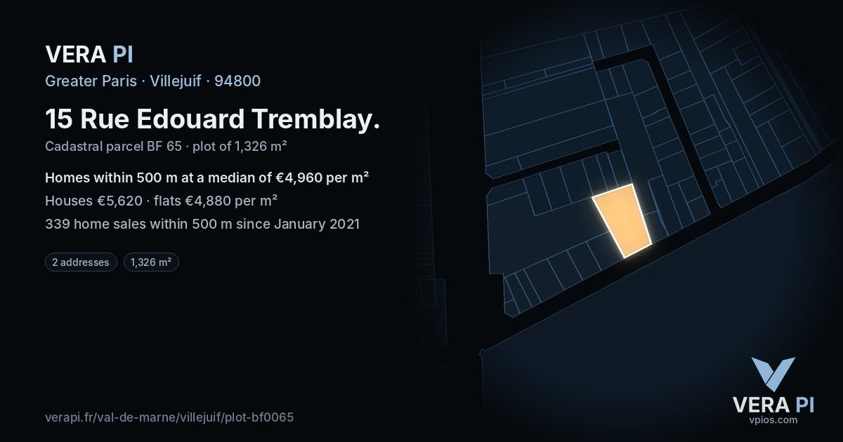 15 Rue Edouard Tremblay, Villejuif at night – the plot lit, the parcels around coloured by the prices near them
