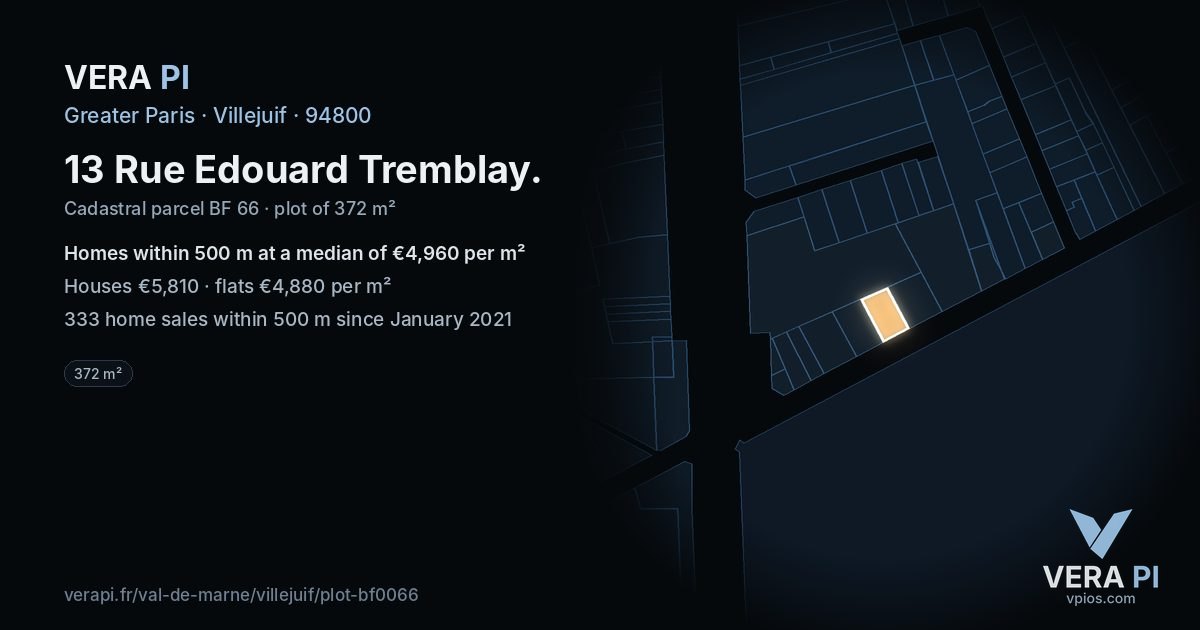 13 Rue Edouard Tremblay, Villejuif at night – the plot lit, the parcels around coloured by the prices near them
