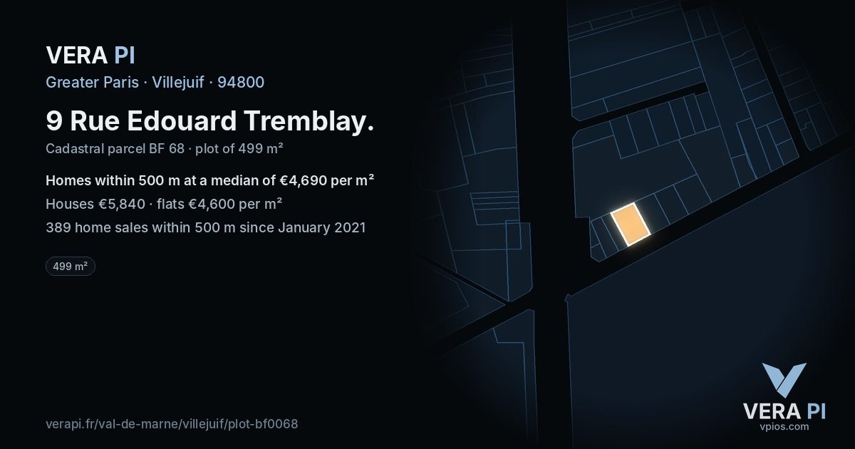 9 Rue Edouard Tremblay, Villejuif at night – the plot lit, the parcels around coloured by the prices near them