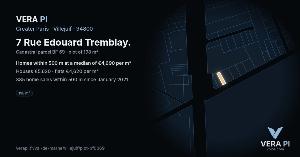 7 Rue Edouard Tremblay, Villejuif at night – the plot lit, the parcels around coloured by the prices near them