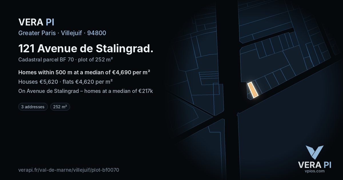 121 Avenue de Stalingrad, Villejuif at night – the plot lit, the parcels around coloured by the prices near them