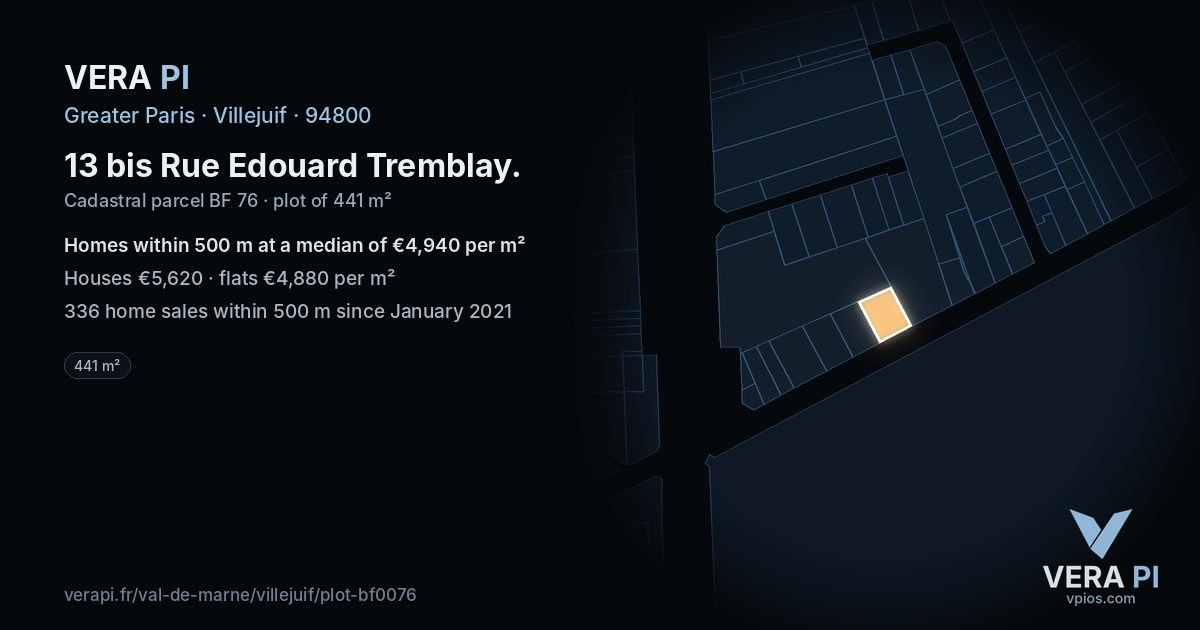 13 bis Rue Edouard Tremblay, Villejuif at night – the plot lit, the parcels around coloured by the prices near them