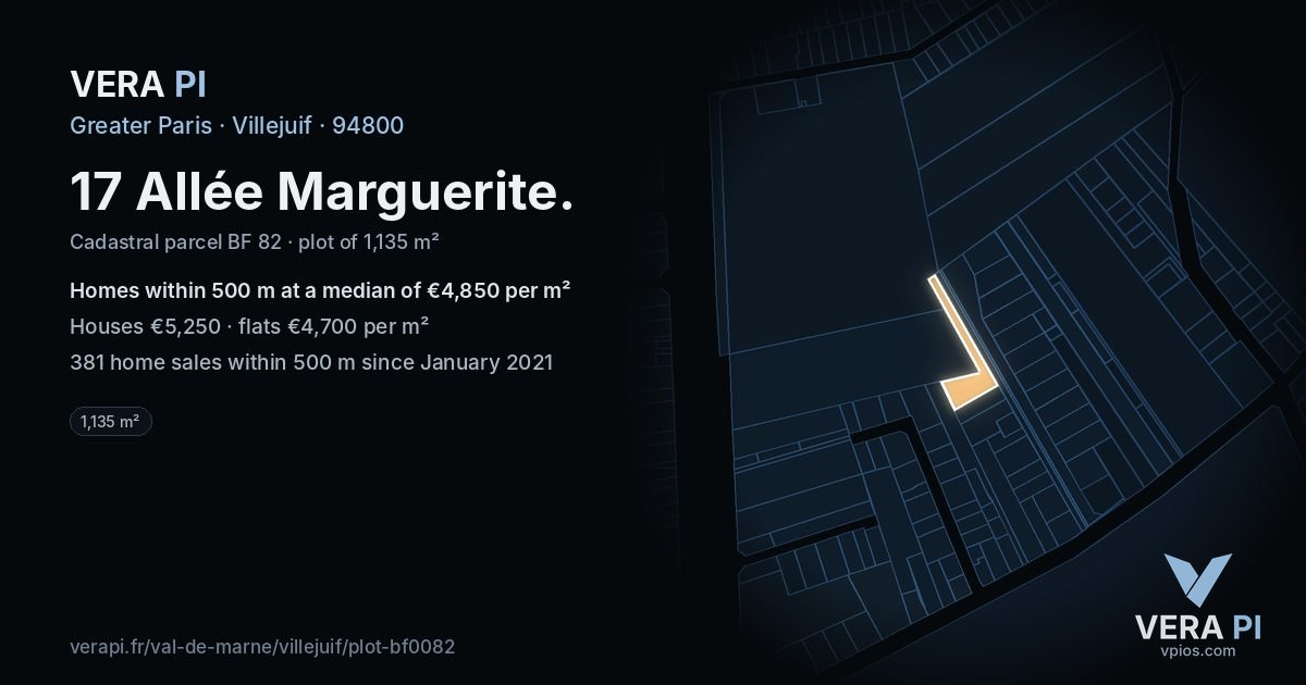 17 Allée Marguerite, Villejuif at night – the plot lit, the parcels around coloured by the prices near them