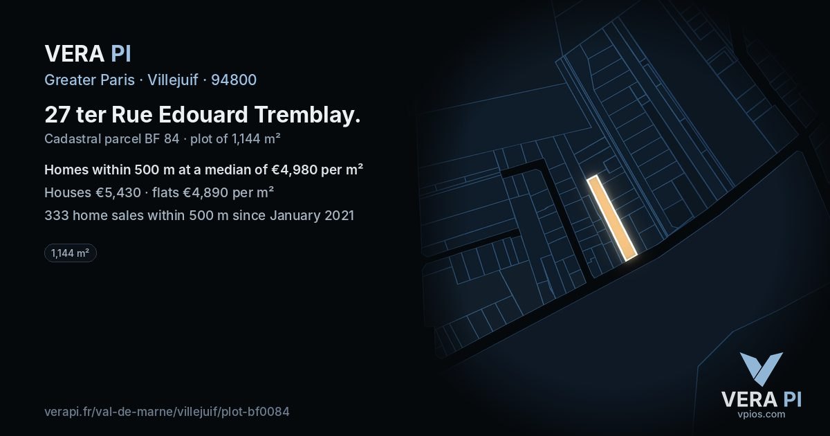27 ter Rue Edouard Tremblay, Villejuif at night – the plot lit, the parcels around coloured by the prices near them
