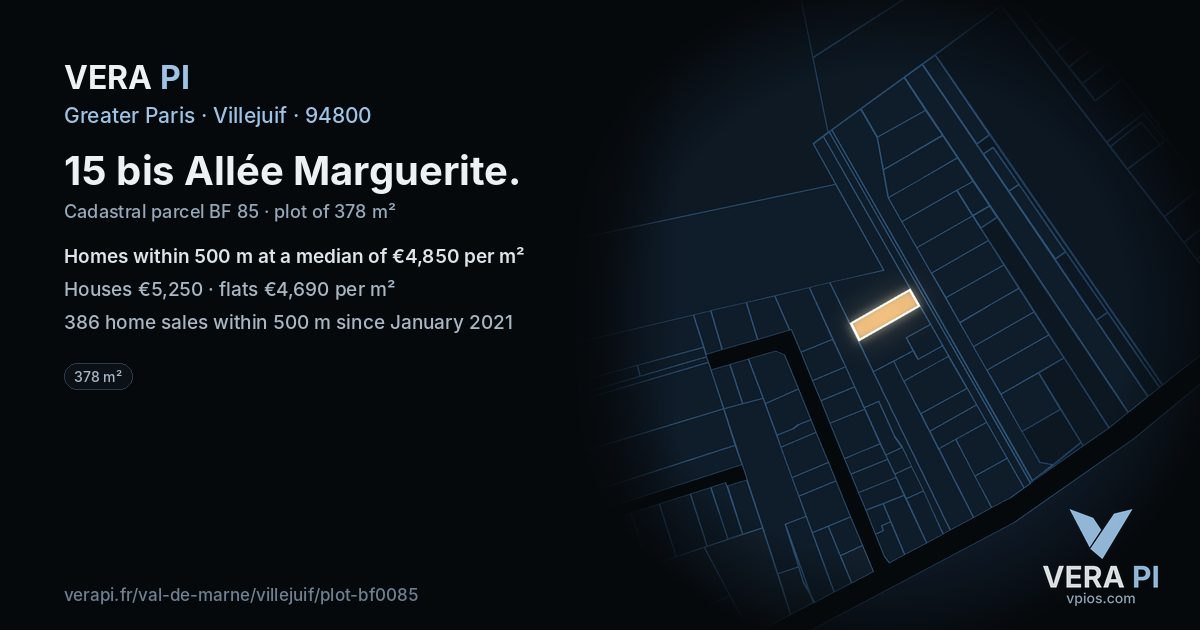 15 bis Allée Marguerite, Villejuif at night – the plot lit, the parcels around coloured by the prices near them