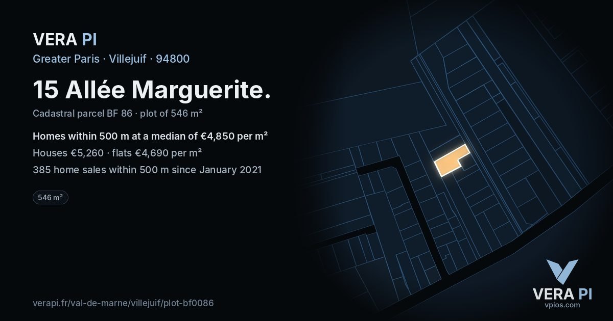 15 Allée Marguerite, Villejuif at night – the plot lit, the parcels around coloured by the prices near them