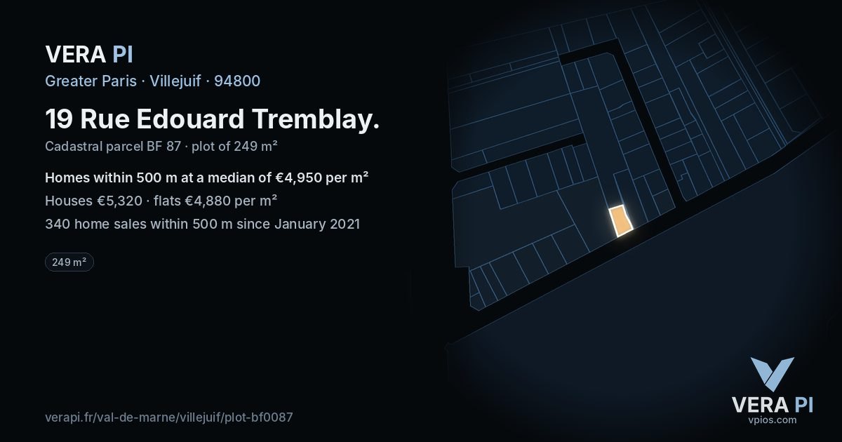 19 Rue Edouard Tremblay, Villejuif at night – the plot lit, the parcels around coloured by the prices near them