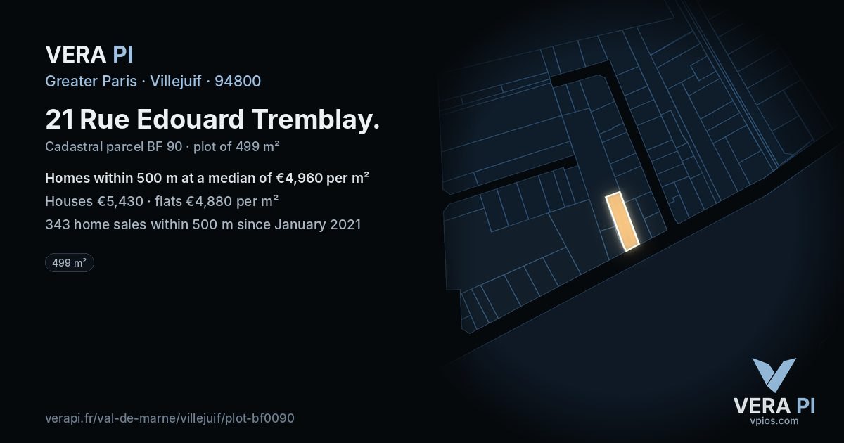 21 Rue Edouard Tremblay, Villejuif at night – the plot lit, the parcels around coloured by the prices near them