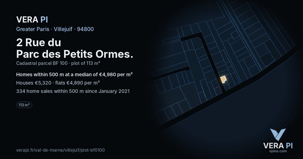 2 Rue du Parc des Petits Ormes, Villejuif at night – the plot lit, the parcels around coloured by the prices near them