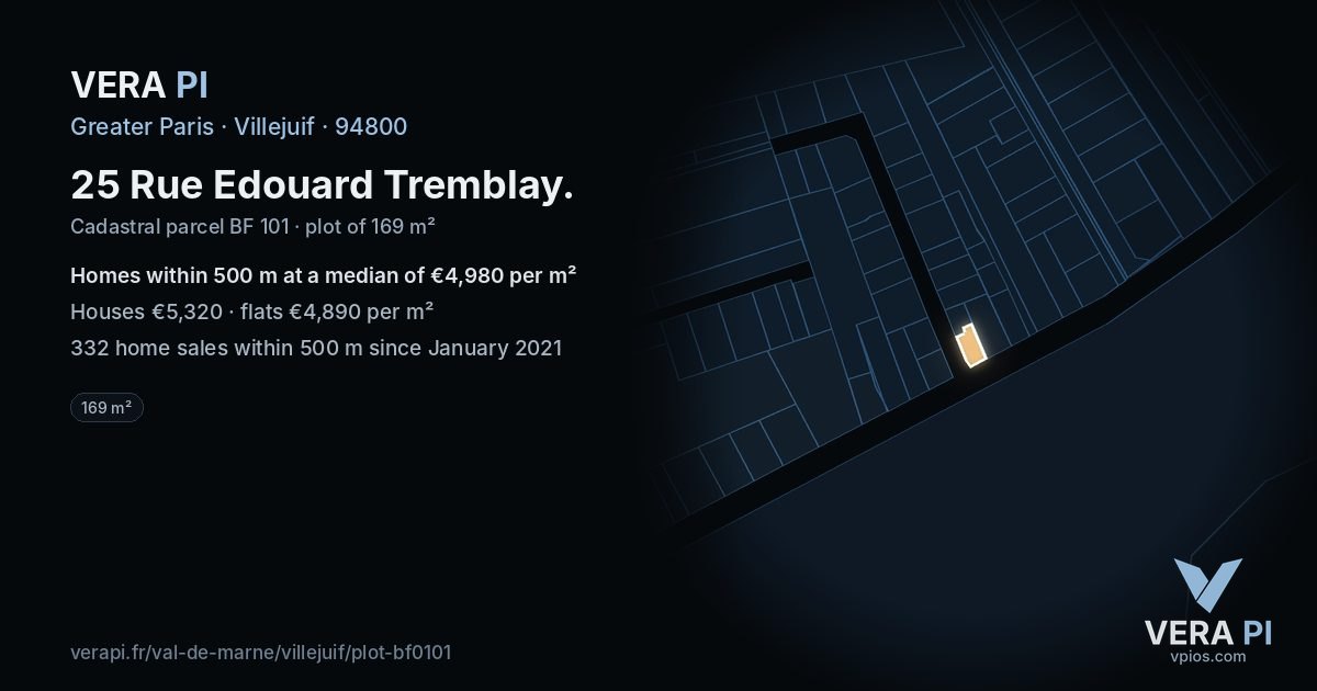 25 Rue Edouard Tremblay, Villejuif at night – the plot lit, the parcels around coloured by the prices near them