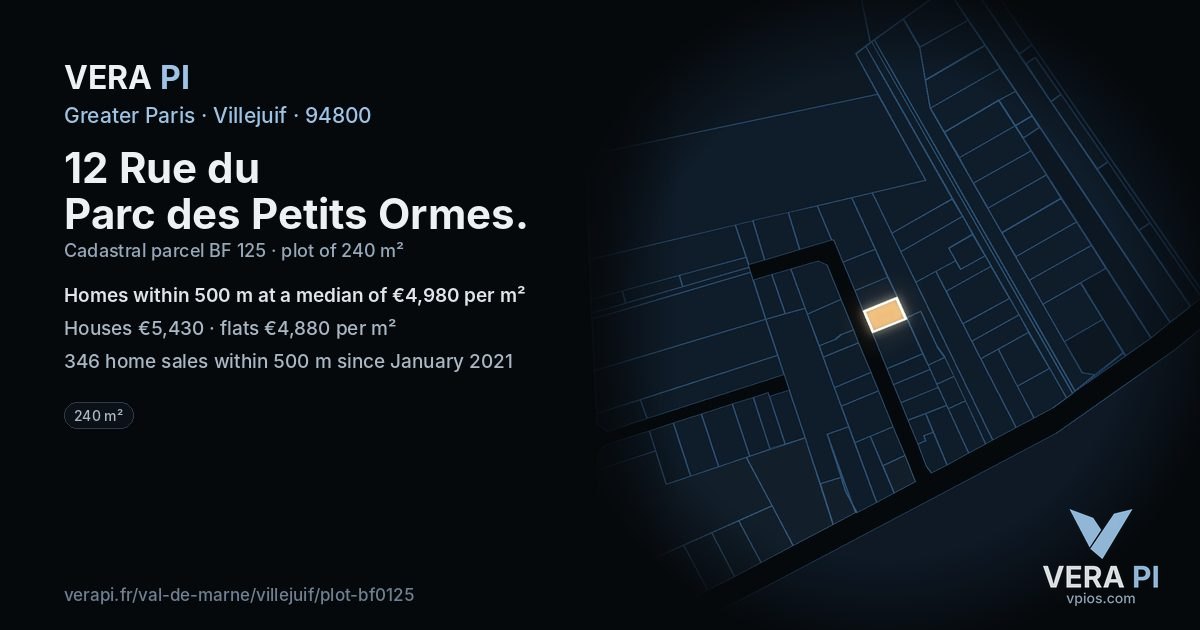 12 Rue du Parc des Petits Ormes, Villejuif at night – the plot lit, the parcels around coloured by the prices near them