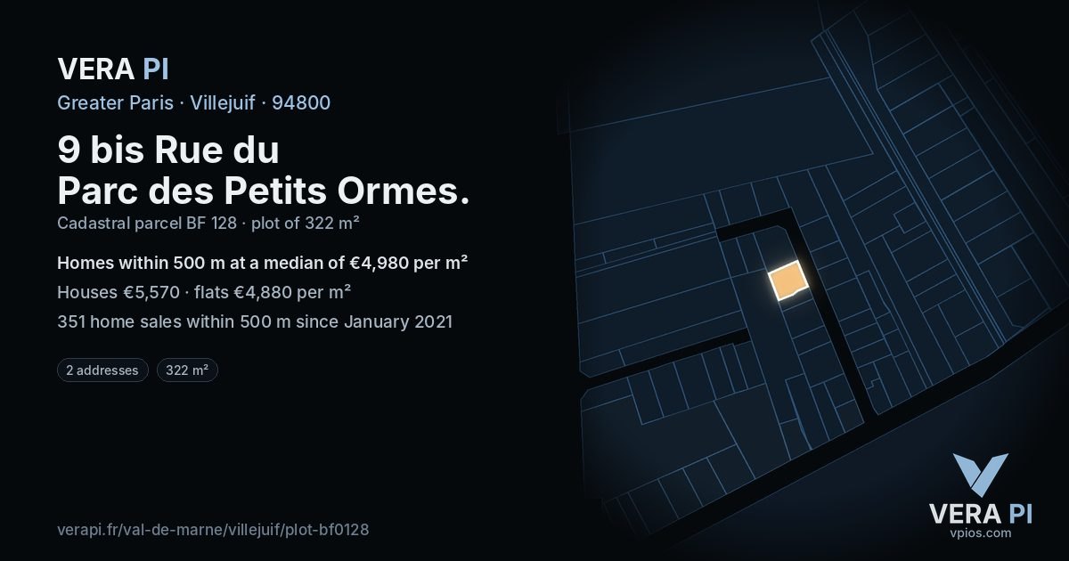 9 bis Rue du Parc des Petits Ormes, Villejuif at night – the plot lit, the parcels around coloured by the prices near them