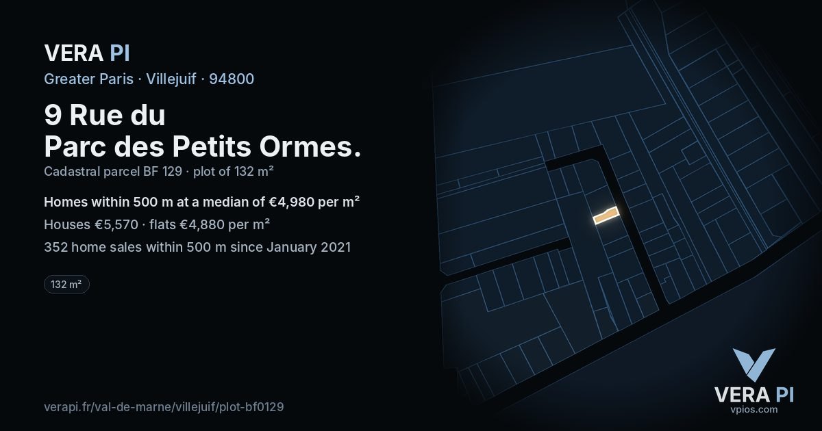 9 Rue du Parc des Petits Ormes, Villejuif at night – the plot lit, the parcels around coloured by the prices near them