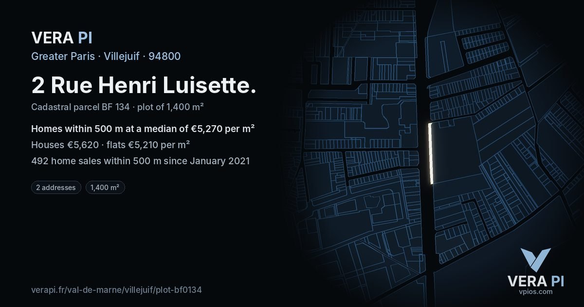 2 Rue Henri Luisette, Villejuif at night – the plot lit, the parcels around coloured by the prices near them