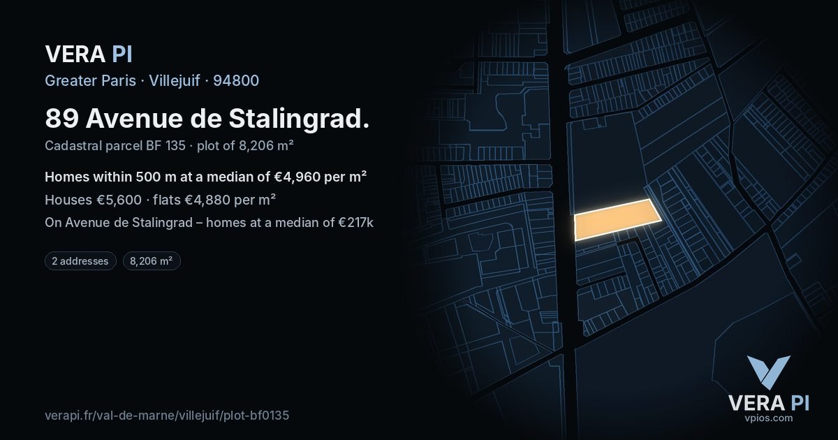 89 Avenue de Stalingrad, Villejuif at night – the plot lit, the parcels around coloured by the prices near them