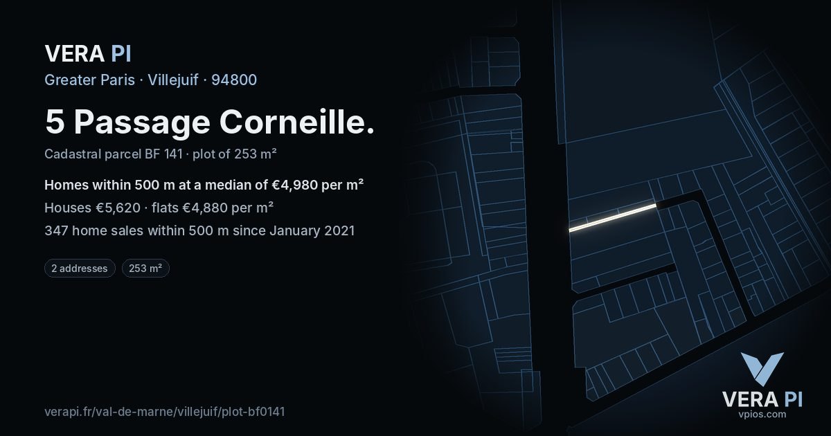 5 Passage Corneille, Villejuif at night – the plot lit, the parcels around coloured by the prices near them