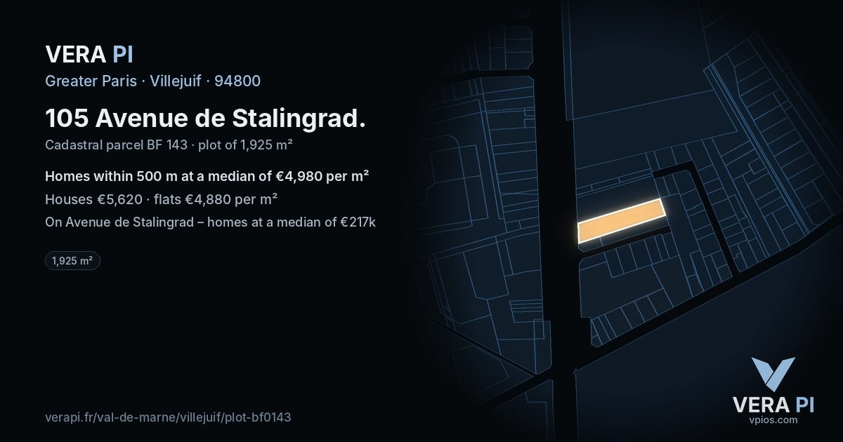 105 Avenue de Stalingrad, Villejuif at night – the plot lit, the parcels around coloured by the prices near them