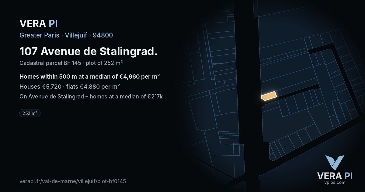 107 Avenue de Stalingrad, Villejuif at night – the plot lit, the parcels around coloured by the prices near them