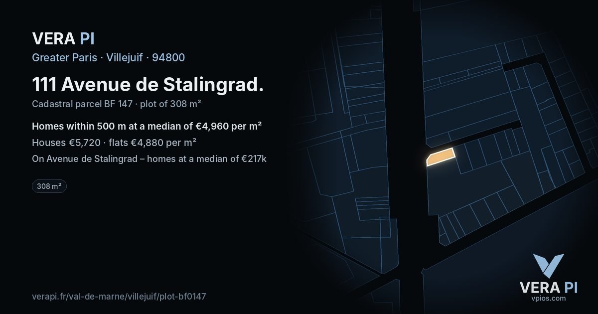 111 Avenue de Stalingrad, Villejuif at night – the plot lit, the parcels around coloured by the prices near them