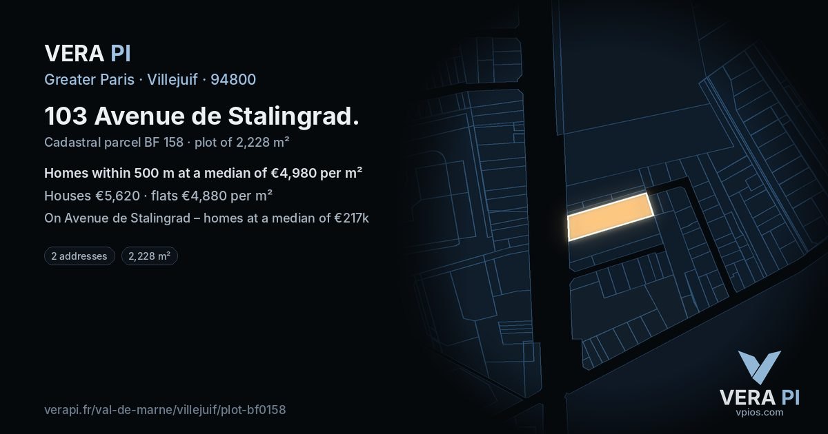 103 Avenue de Stalingrad, Villejuif at night – the plot lit, the parcels around coloured by the prices near them