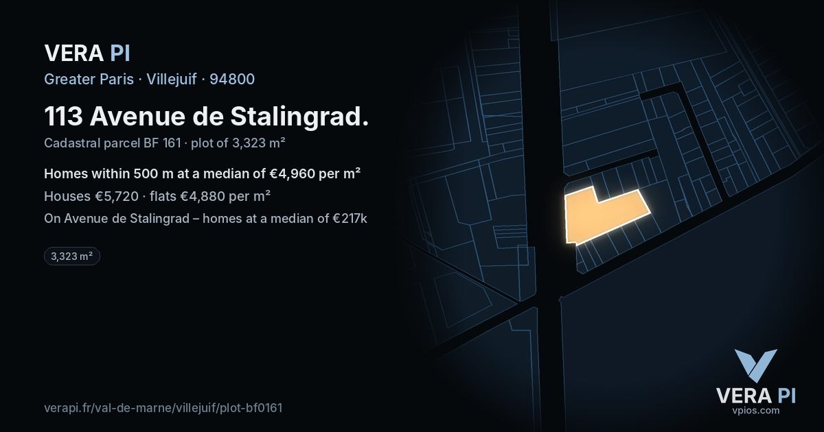 113 Avenue de Stalingrad, Villejuif at night – the plot lit, the parcels around coloured by the prices near them
