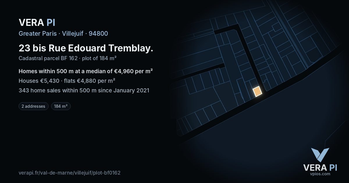 23 bis Rue Edouard Tremblay, Villejuif at night – the plot lit, the parcels around coloured by the prices near them