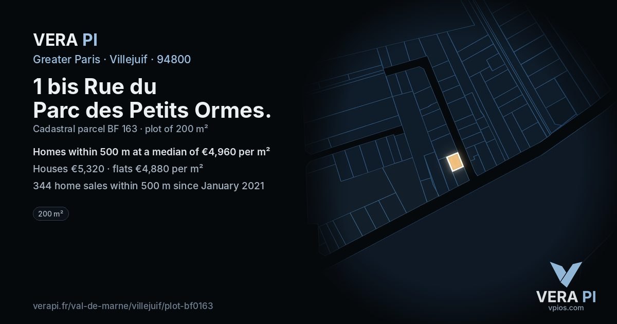 1 bis Rue du Parc des Petits Ormes, Villejuif at night – the plot lit, the parcels around coloured by the prices near them