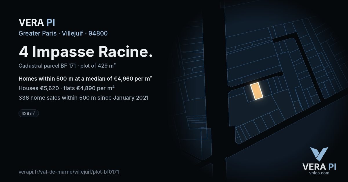 4 Impasse Racine, Villejuif at night – the plot lit, the parcels around coloured by the prices near them