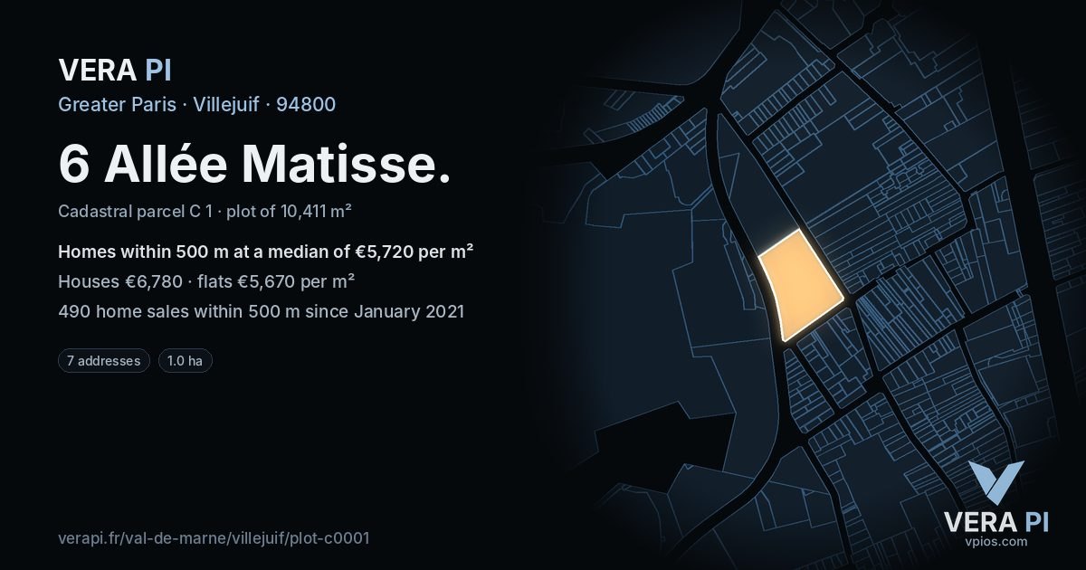 6 Allée Matisse, Villejuif at night – the plot lit, the parcels around coloured by the prices near them