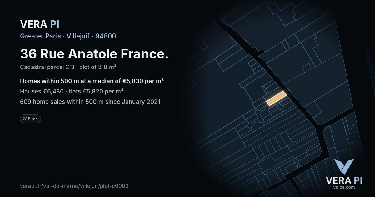 36 Rue Anatole France, Villejuif at night – the plot lit, the parcels around coloured by the prices near them