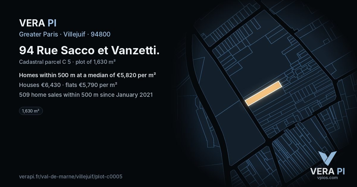94 Rue Sacco et Vanzetti, Villejuif at night – the plot lit, the parcels around coloured by the prices near them