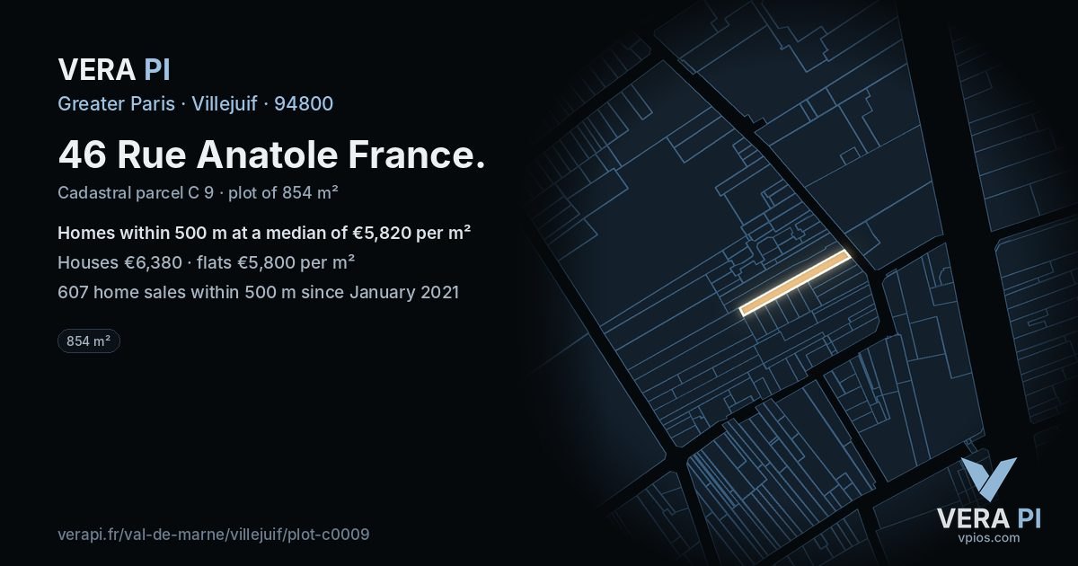 46 Rue Anatole France, Villejuif at night – the plot lit, the parcels around coloured by the prices near them