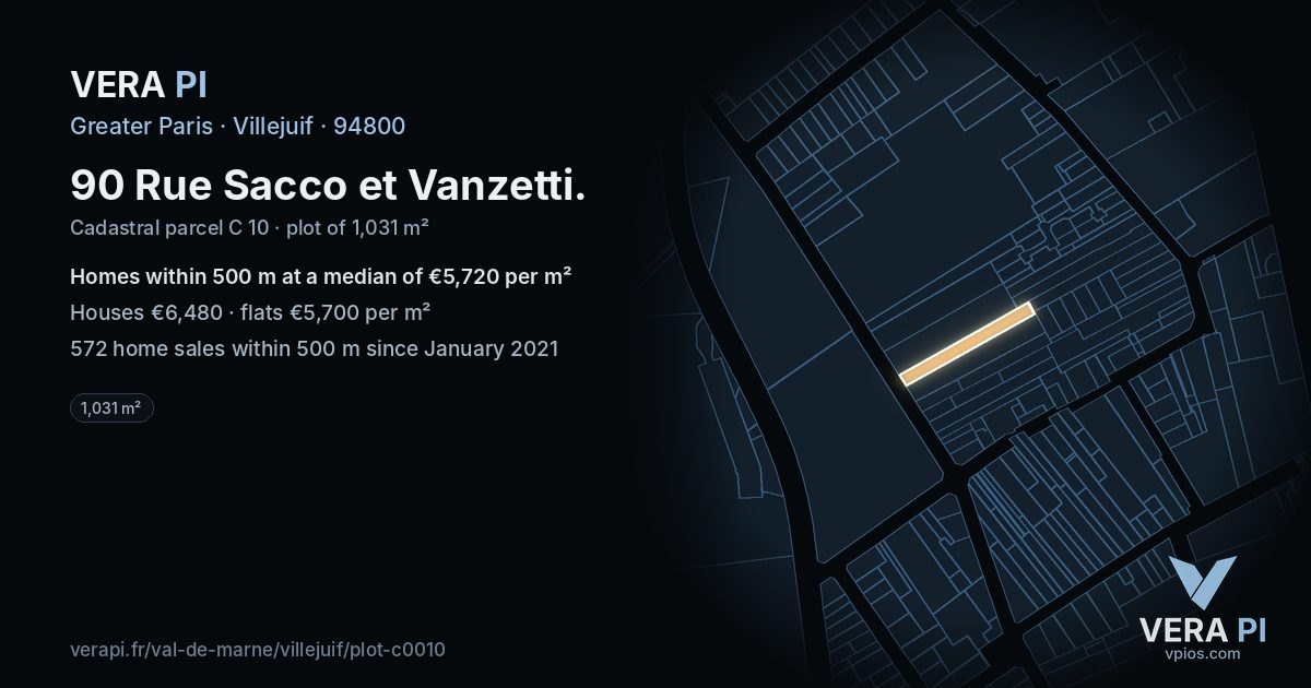 90 Rue Sacco et Vanzetti, Villejuif at night – the plot lit, the parcels around coloured by the prices near them
