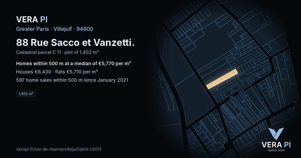 88 Rue Sacco et Vanzetti, Villejuif at night – the plot lit, the parcels around coloured by the prices near them
