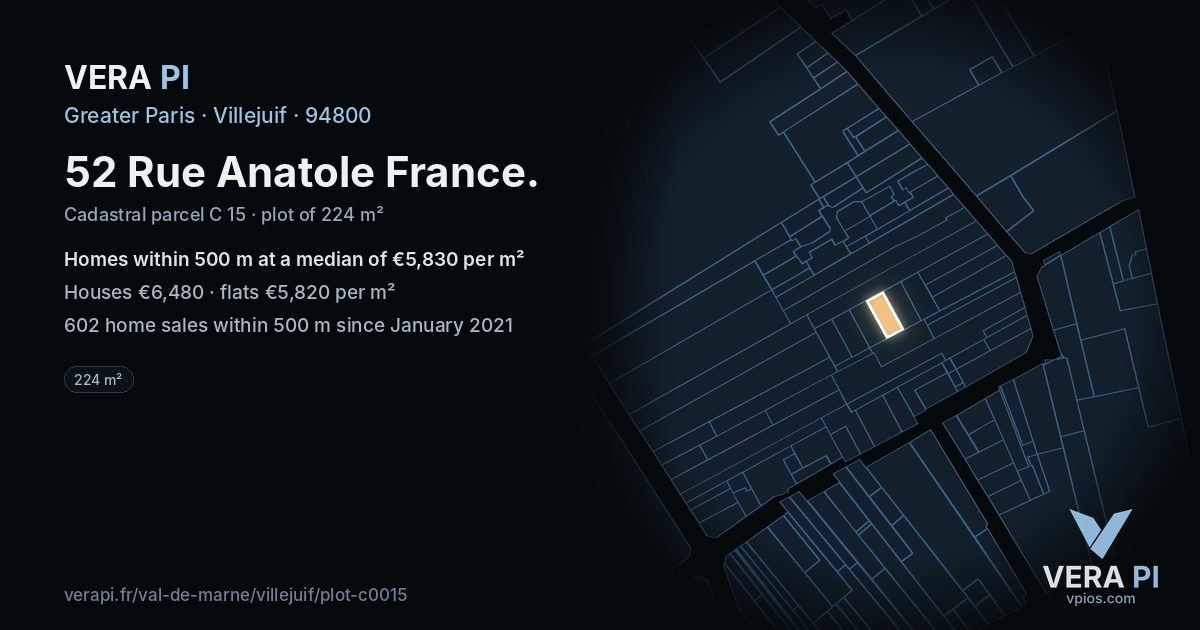 52 Rue Anatole France, Villejuif at night – the plot lit, the parcels around coloured by the prices near them